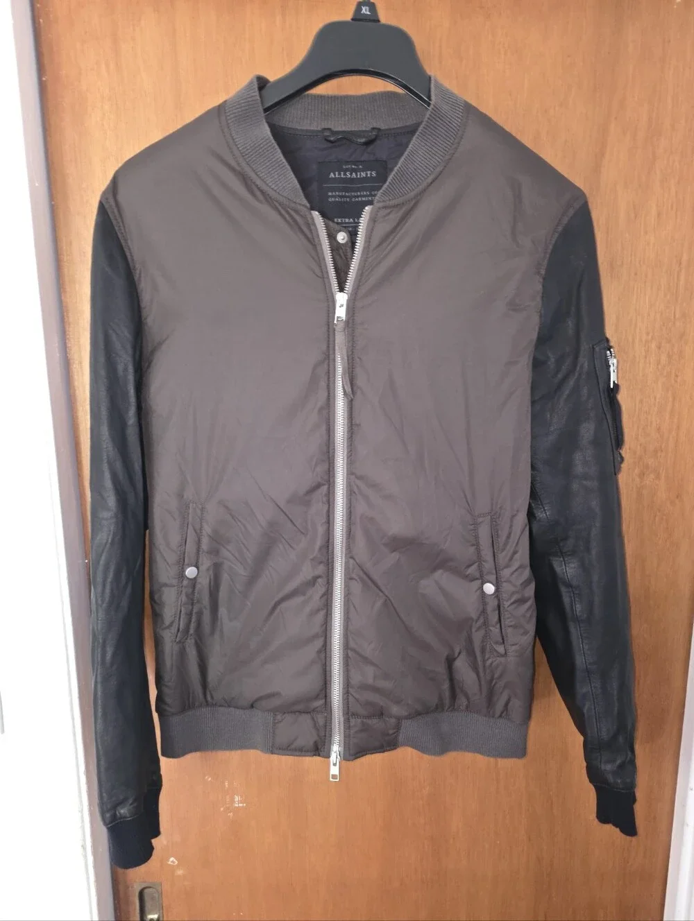 Men's AlI Saints Army Green Black MANTA Leather sleeves Bomber Jacket XL NWOT